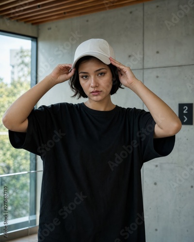 Woman wearing a black t-shirt and white baseball cap adjusts her headwear indoors near a concrete wall and window.