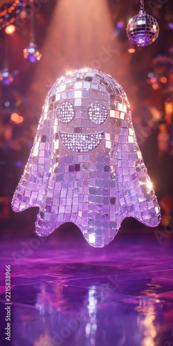 Floating Disco Ghost with Mirrored Tiles in Purple Party Lights