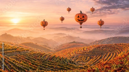 Pumpkin Hot Air Balloons over Autumn Vineyards at Sunrise