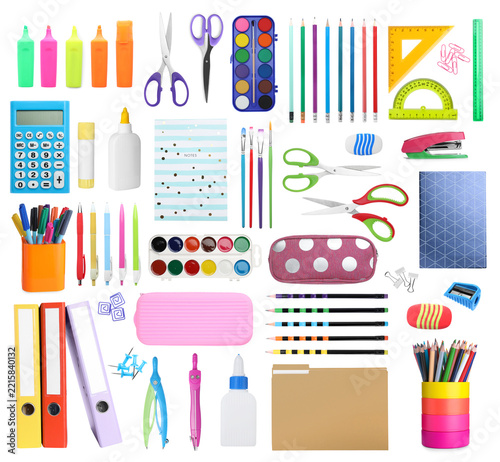 Different school stationery isolated on white, set