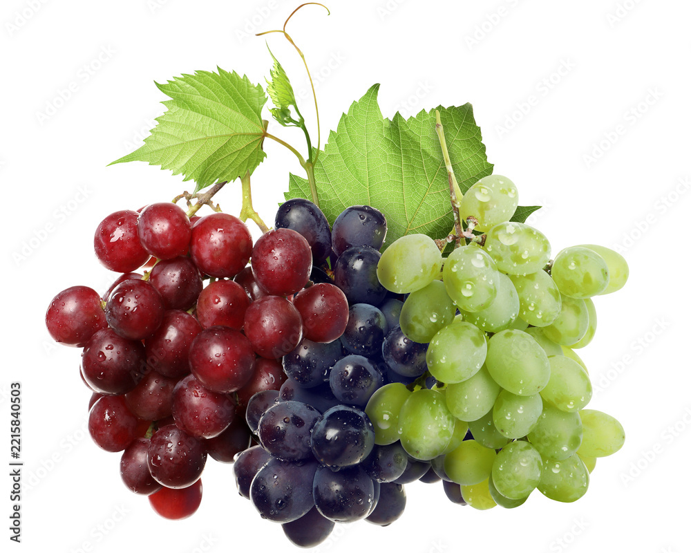 Fototapeta premium Bunches of red, green and black grapes isolated on white