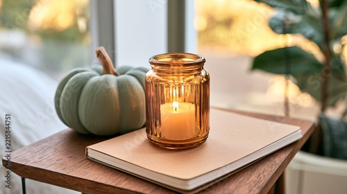 A bedside table has a lit candle and a small pumpkin with a notebook nearby