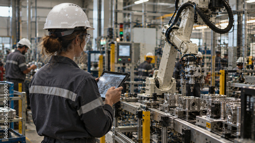 Industrial Engineer Monitoring Robotic Manufacturing Automation on Factory Floor