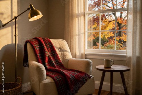 Reading nook with cream armchair, plaid blanket and brass floor lamp