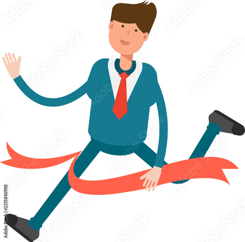 Businessman in Green Suit Character Running at Finish Line
