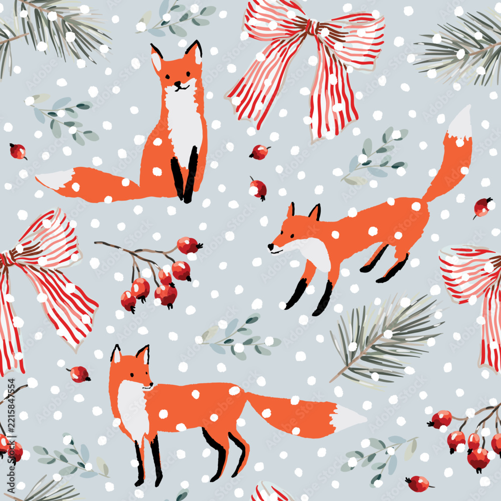 Fototapeta premium Christmas seamless pattern, red fox animals, pine twigs, berries, bows, snow, gray background. Vector illustration. Nature design. Season greeting. Winter Xmas holidays