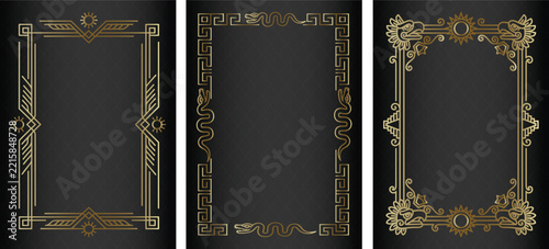 Mesoamerican ethnic golden frames featuring eagle heads and sun motifs on black damask background.