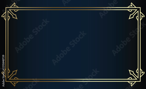 Minimalist golden rectangular frame with ornate corner accents on dark blue.