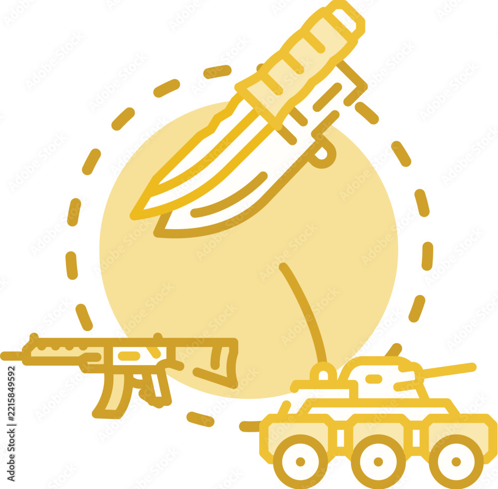 Fototapeta premium Military forces deploying resources and weapons, including a helicopter, missile, and projectiles, illustrating strategic planning and combat readiness concepts