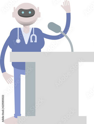 Doctor Robot Character Speaking on Podium
