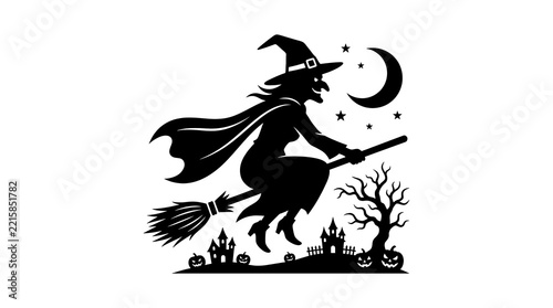 Halloween Witch Silhouette Black White Icon Spooky Holiday Vector Illustration