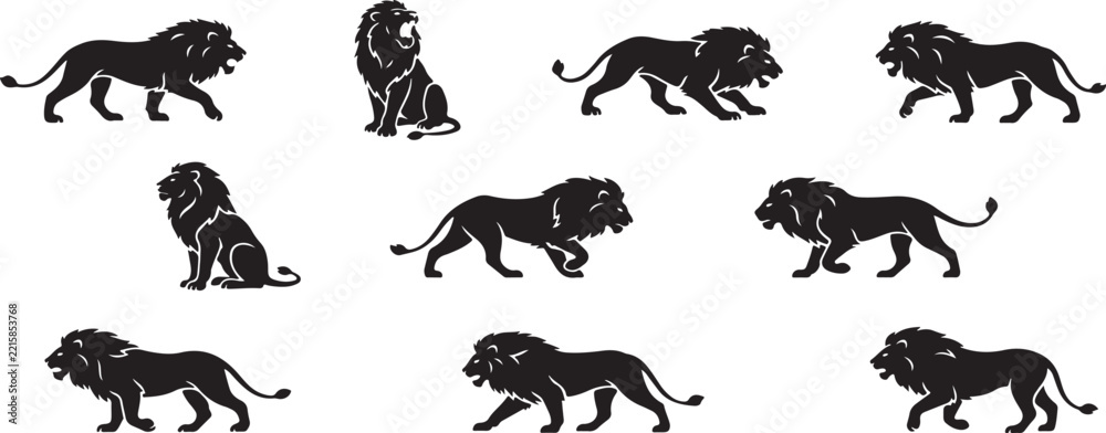Obraz premium Lion Silhouettes in Various Poses – Wildlife Animal Vector Set