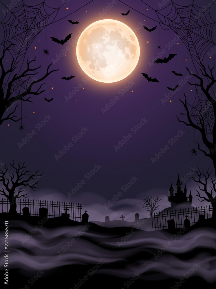 Fototapeta premium Halloween Background with Full Moon, Spooky Graveyard and Haunted Castle
