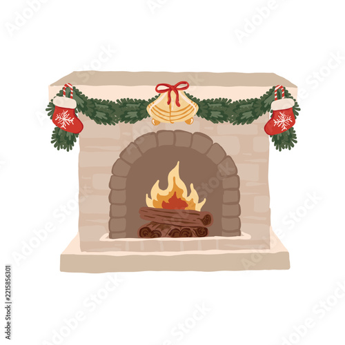 Cozy Christmas fireplace with christmas decorations.