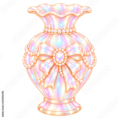Elegant Iridescent Glass Vase Decorated with Pearls and a Ribbon Bow