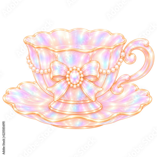 Iridescent Pastel Tea Cup with Pearl Bow Decor