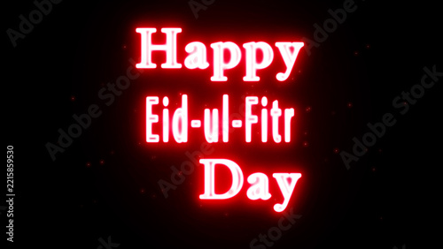 Happy Eid-ul-Fitr Day glowing red neon text banner on black background with sparkles