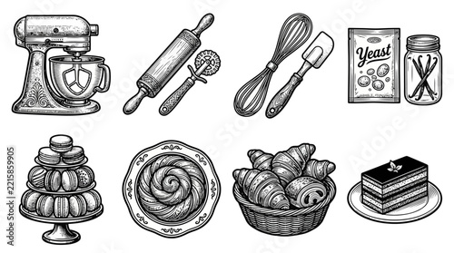 Hand-Drawn Baking Equipment and Pastry Collection Featuring Kitchen Tools and Delicious Dessert Illustrations in Engraved Art Style
