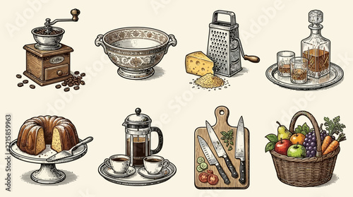 Set of vintage kitchenware and food illustrations featuring coffee grinders, cheese graters, elegant glassware, baking cakes, fruit baskets, and culinary knives