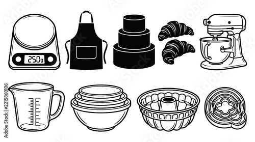 Collection of Monochromatic Kitchen Utensils and Baking Equipment Icons for Professional Culinary Arts and Home Cooking Projects