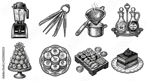 Hand Drawn Kitchenware and Gourmet Food Set Featuring Blender Measuring Spoons Cooking Tools and Elegant Pastry Desserts for Culinary Themes