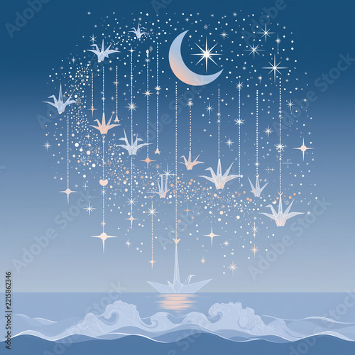 夜空を飛ぶ折り紙の折り鶴