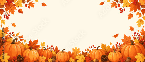 Festive autumn banner with orange pumpkins and colorful fall leaves on a light background