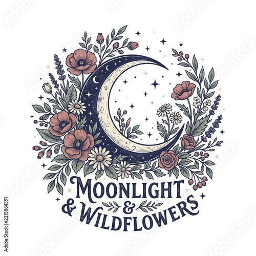 Moonlit floral design for t-shirt moon and wildflowers graphic for