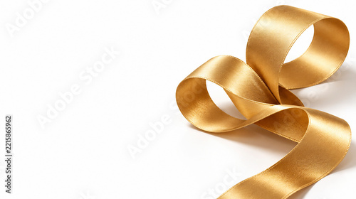 Golden ribbon curled and twisted into abstract shapes on white