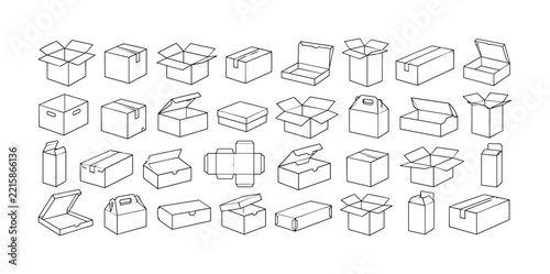 Set of various outline cardboard box designs including open and closed shipping container styles