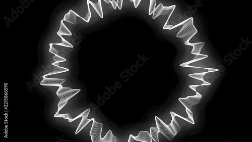 Black and white circular audio waveform ring loop background, abstract sound wave motion