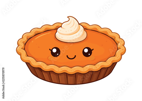 Cute cartoon pumpkin pie illustration with a smiling face and a dollop of whipped cream topping