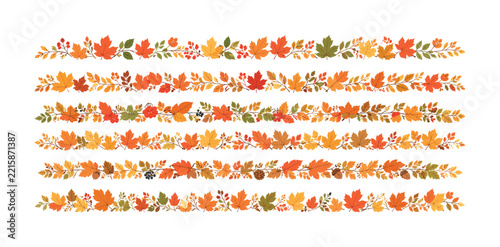 Set of decorative autumn leaf borders with vibrant fall foliage and seasonal berry elements