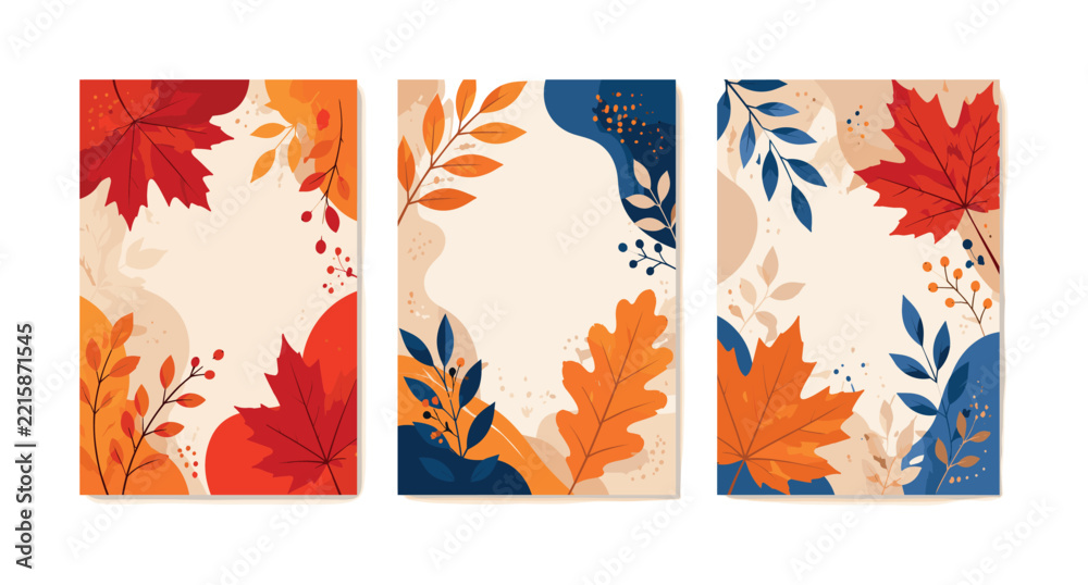 Fototapeta premium Set of three vertical autumn background templates with vibrant maple leaves and abstract shapes
