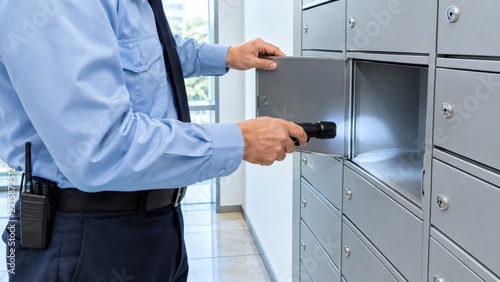 Security guard checking mailboxes in an office building lobby with handheld radio security personnel post room mail sorting