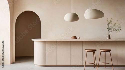 Contemporary Interior View of Soft beige island bar curved cabinets sculptural pendants min Variation 2