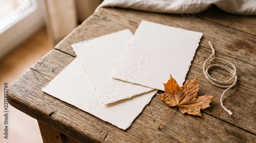 blank cards, leaf, twine on rustic table for creative projects