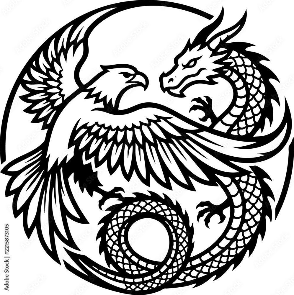 Fototapeta premium Eagle and Dragon Circular Emblem Line Art Illustration