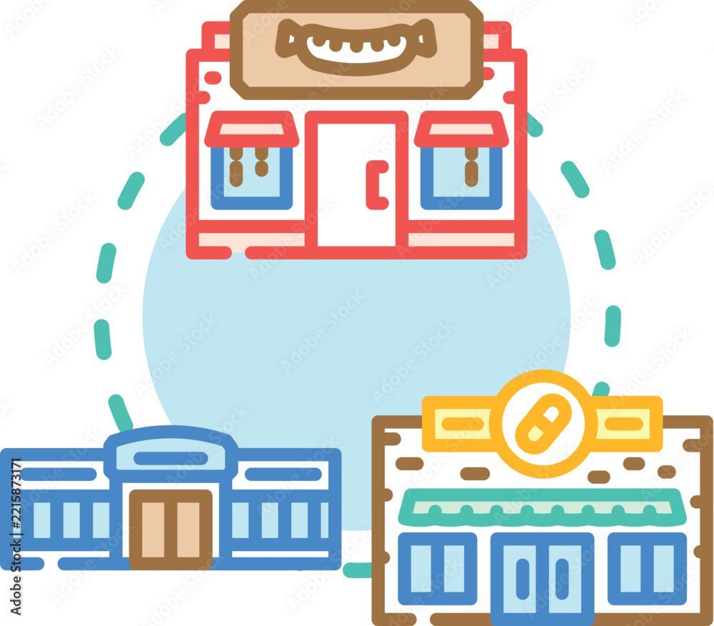 Fototapeta premium Retail store logo illustrating food product purchasing process, featuring grocery building, milk and cheese icons, and a shopping basket symbol