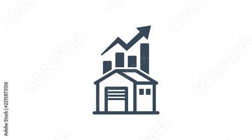 A dark blue warehouse icon featuring an upward trending bar graph on a white background