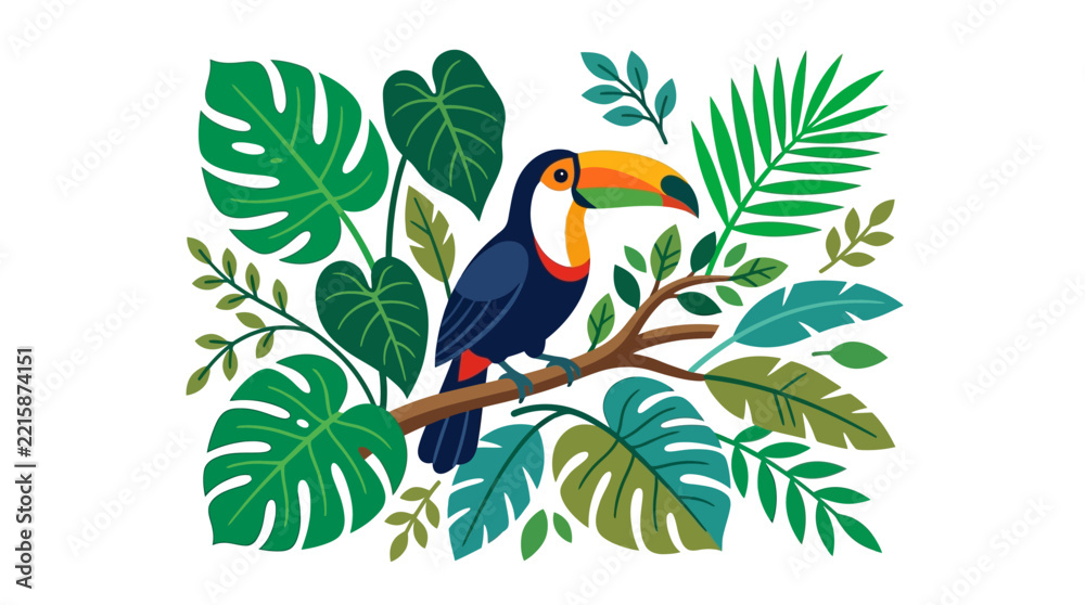 Fototapeta premium Colorful toucan bird sitting amidst lush green monstera leaves.