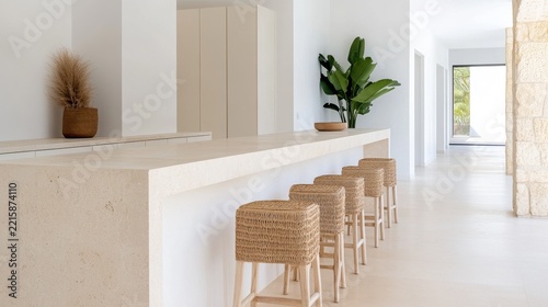 Elegant Kitchen Island Bar Featuring Long travertine island bar cream cabinetry woven stools brigh