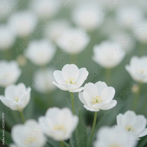 White flowers are blurred and out of focus filling the scene. The greenery around creates an indistinct setting that enhances the Generative AI