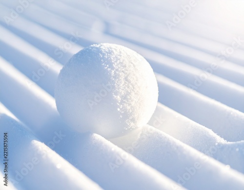 Snowball on groomed snow with blue shadows. Winter texture background and ski slope concept.
