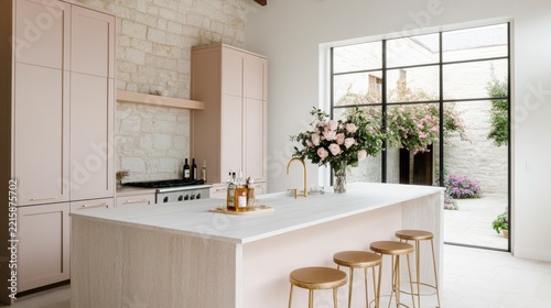 Modern Kitchen Entertaining Space Showing Pale stone island bar dusty rose cabinets brass stools floral Variation 2