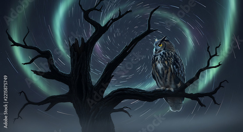 An owl perched on a gnarled dead tree under a swirling starry night sky
