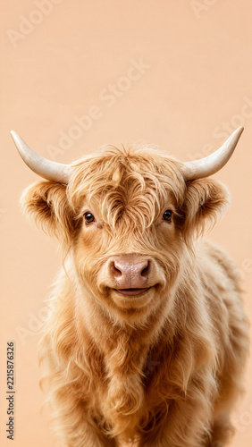 A shaggy Highland cow with curved horns faces forward against a peach background, AI generated in 4k