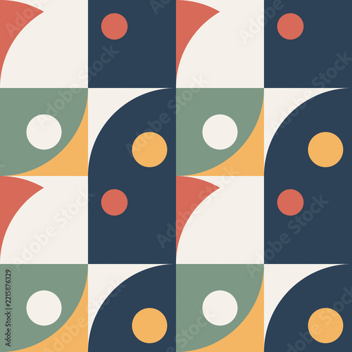Geometric pattern with circles and arcs in muted color palette for abstract background design