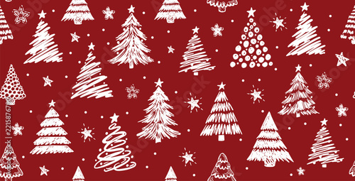 Christmas Trees Seamless Pattern on Red Background