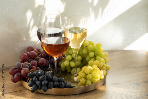 Obraz na plátně Three elegant wine glasses filled with red rose and white wine surrounded by fre